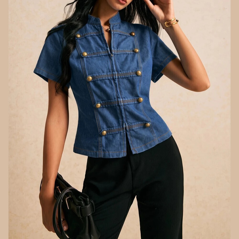 Blue Denim Military Button Band Jacket Trim Stand Collar Top